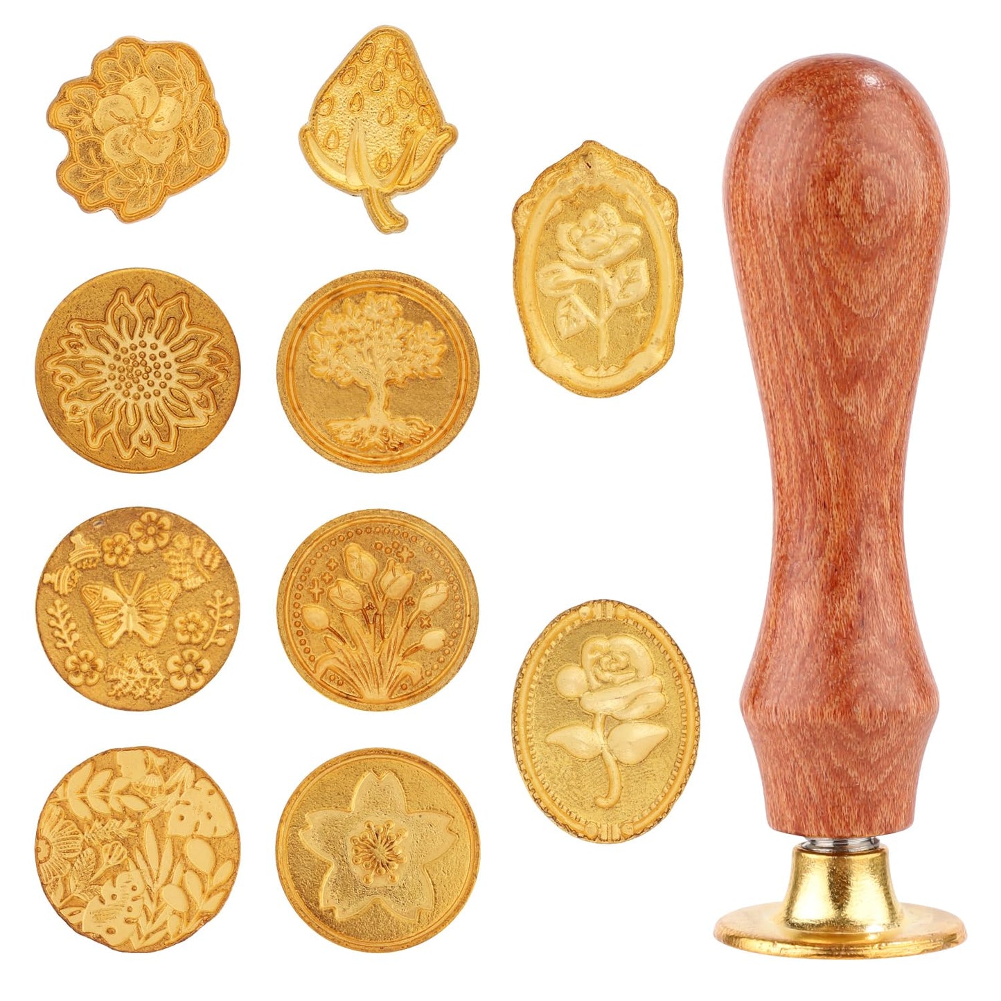 Wax Seal Stamp Set, 10pcs Sealing Wax Stamp Heads with a Wooden Handle Sealing Wax Stamp Kit with Various Patterns for Letter Encapsulation Greeting Cards Presents Decoration Items(Gold)