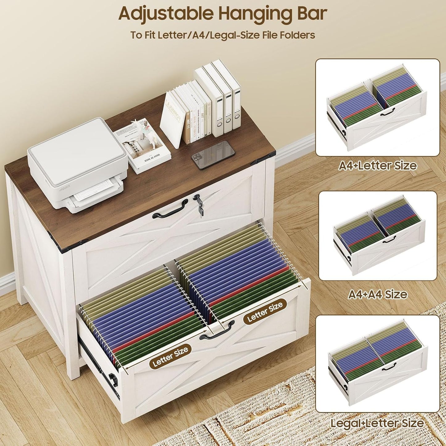 Lateral File Cabinet with 2 Large Drawers, Farmhouse File Cabinet with Lock for Letter/Legal/A4 Size Hanging Files, Wood File Storage Cabinets Printer Stand for Home Office Cabinets, Rustic White