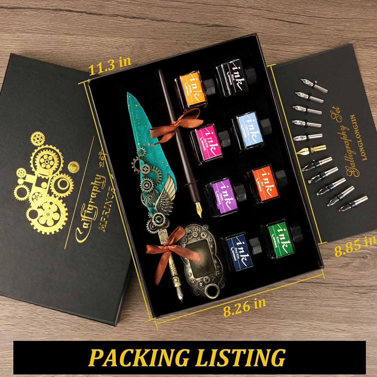 Feather Quill Pen ink Set,Calligraphy Pen Set,Include Quill Pen,Wood Dip Pen,8 Bottles Of Ink,13 Stainless Steel Nibs Of Different Sizes,Pen Holder,Envelope Paper
