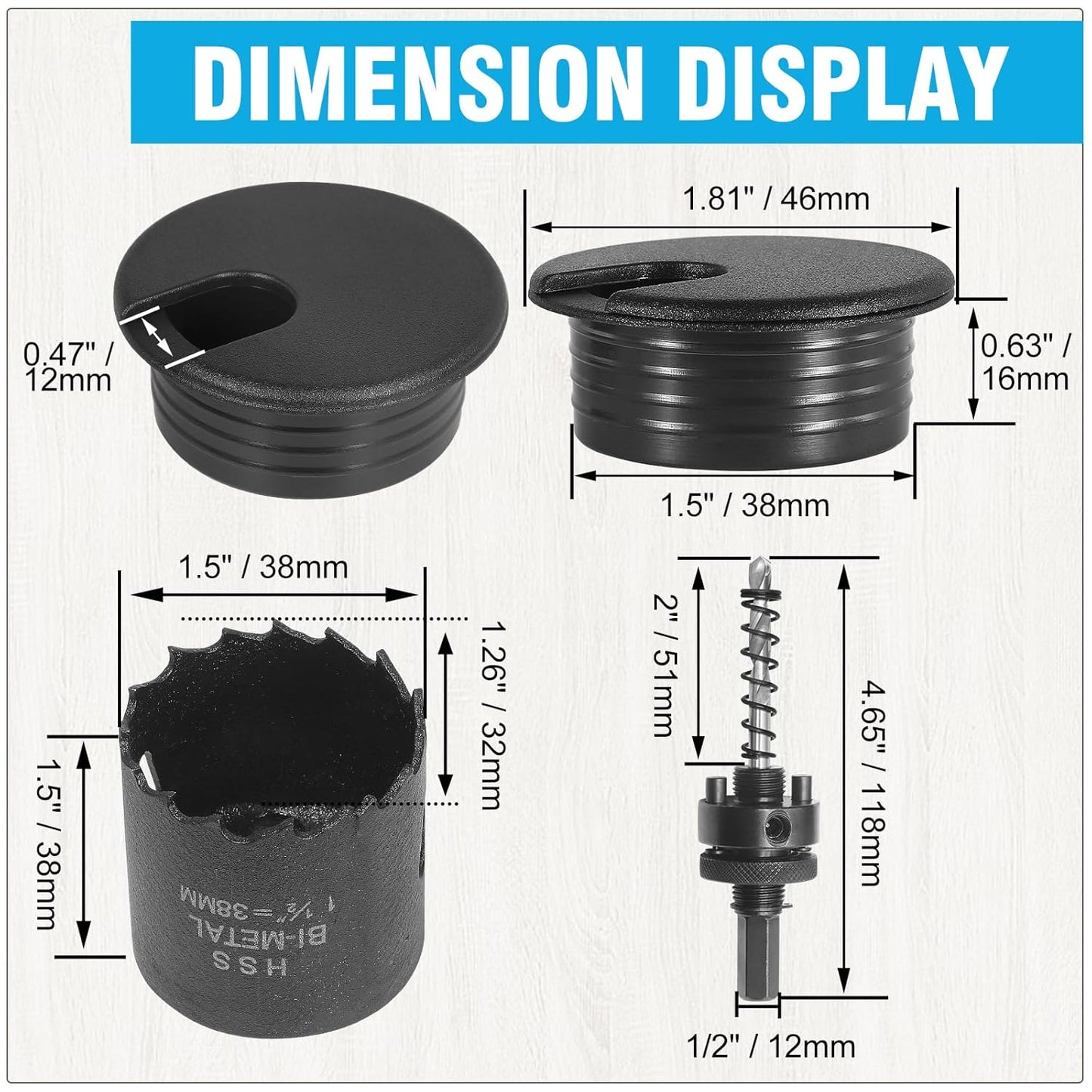 1-1/2" Black Desk Grommet with Bi-Metal Hole Saw, JTemgle Plastic Cable Hole Cover Computer Table Cord Wire Organizer Caps, Desktop Cord Management for Home Office TV Stands Tabletops, 13 Pieces