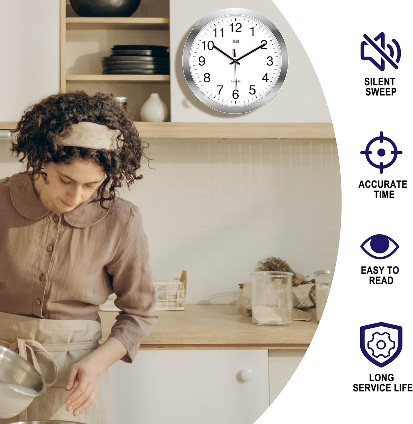 HITO 12 Inch Silent Wall Clock Battery Operated Non Ticking Glass Cover Silver Aluminum Frame, for Kitchen, Bedroom, Home Office, Living Room Decor