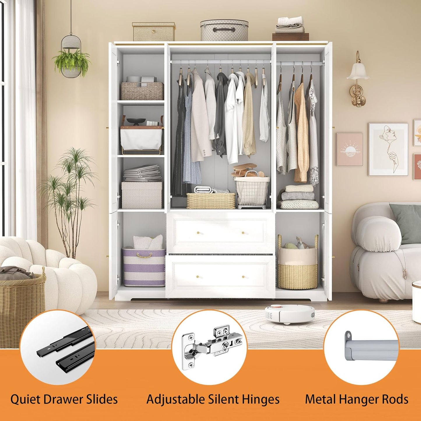 White Armoire Wardrobe Closet with Drawers: Wardrobe Closet for Hanging Clothes, Modern Bedroom Armoires with Hanging Rod, Wardrobes Closets with 4 Doors and Shelves (White, 59")