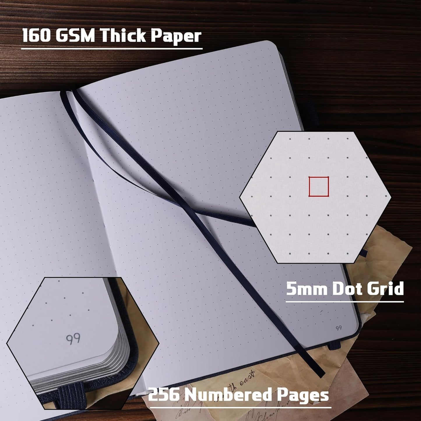 TIEFOSSI Bullet Dotted Journal Notebook, 160gsm 256 Numbered Thick Paper, A5 Hardcover Dotted Grid Diary for Women Men Work Writing, Bullet Dot Journaling, Drawing, 5.8 x 8.3 in