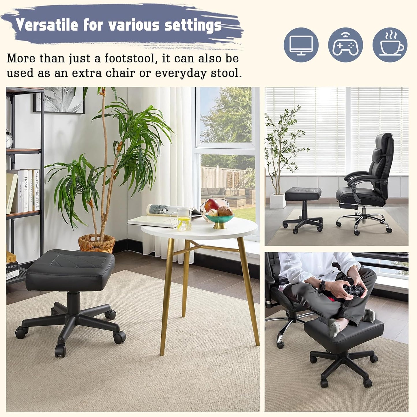 VECELO Under Desk Footrest, PU Ergonomic Foot Rest with Wheels, Comfort Padding, Height Adjustable for Relieving Leg Pain, Stiffness, Black