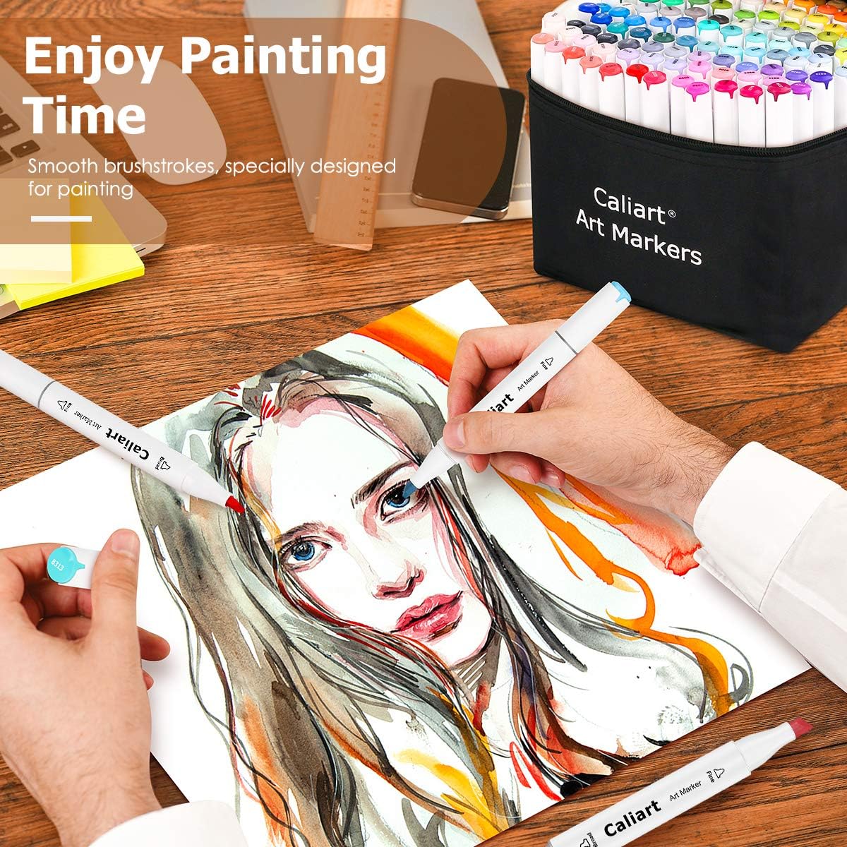 Caliart 24 Colors Fine & Chisel Permanent Alcohol Markers, Dual Tip Artist Sketch Art Markers Set for Adult Coloring Book, Aesthetic Cute School Supplies, Pens for Drawing Coloring Illustrations