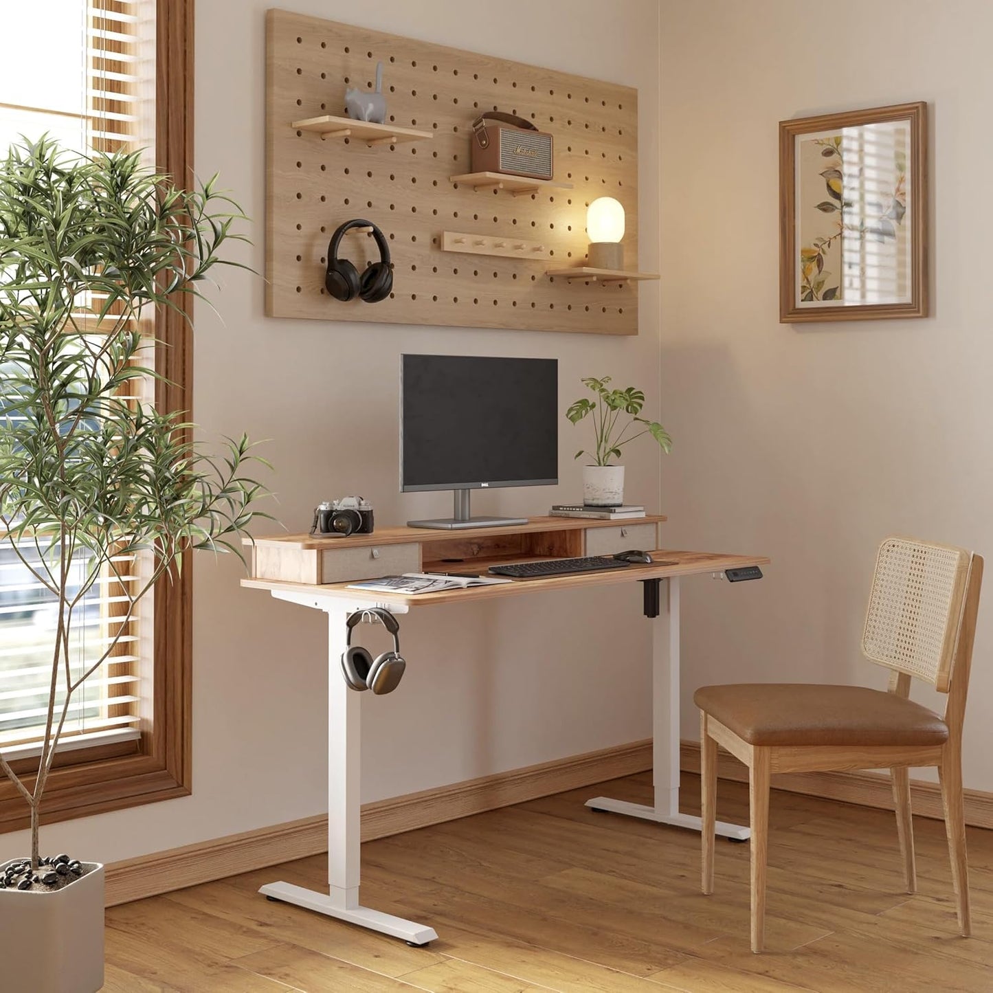 FEZIBO 48 x 24 Inch Whole-Piece Height Adjustable Standing Desk with Double Drawers, Sit Stand Desk, Stand Up Table (Send Two Packages), Light Rustic Top