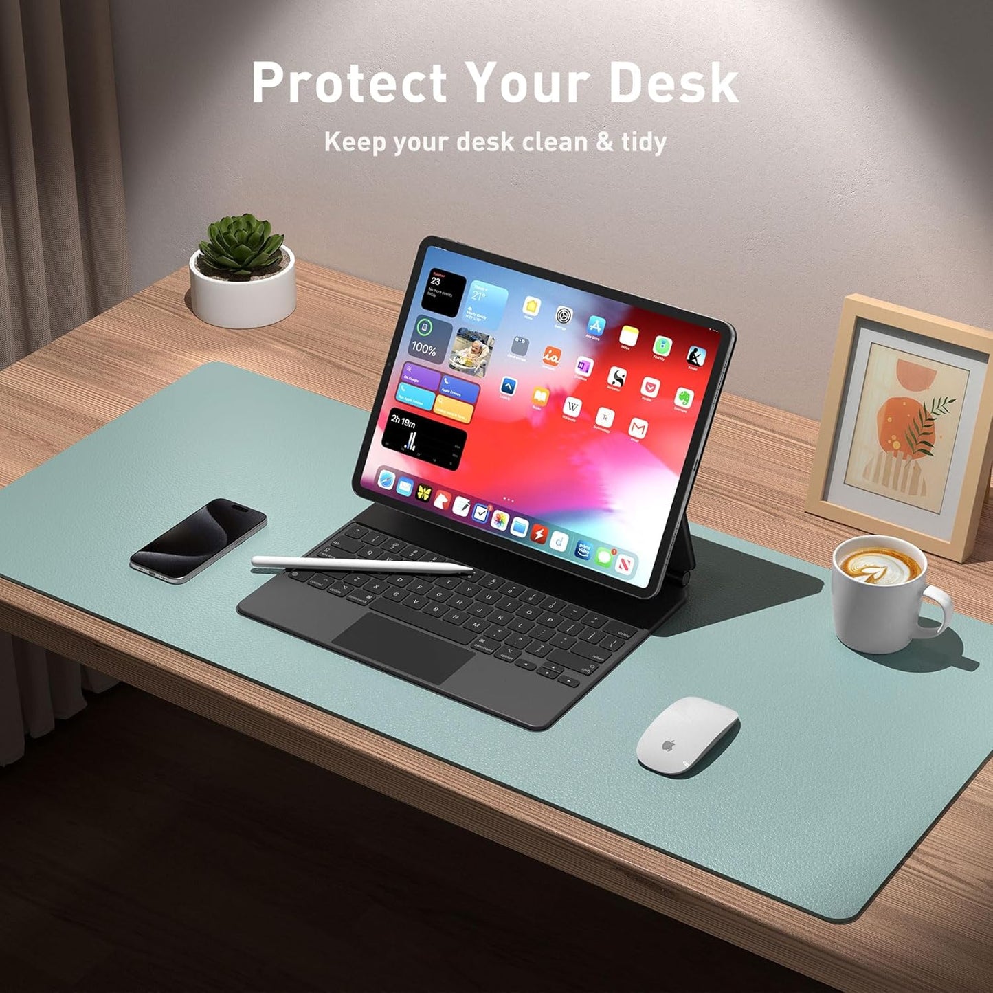 Aothia Leather Desk Pad Protector, Mouse Pad, Office Desk Mat, Non-Slip PU Leather Desk Blotter, Laptop Desk Pad, Waterproof Desk Writing Pad for Office and Home (48"x17", Light Blue)