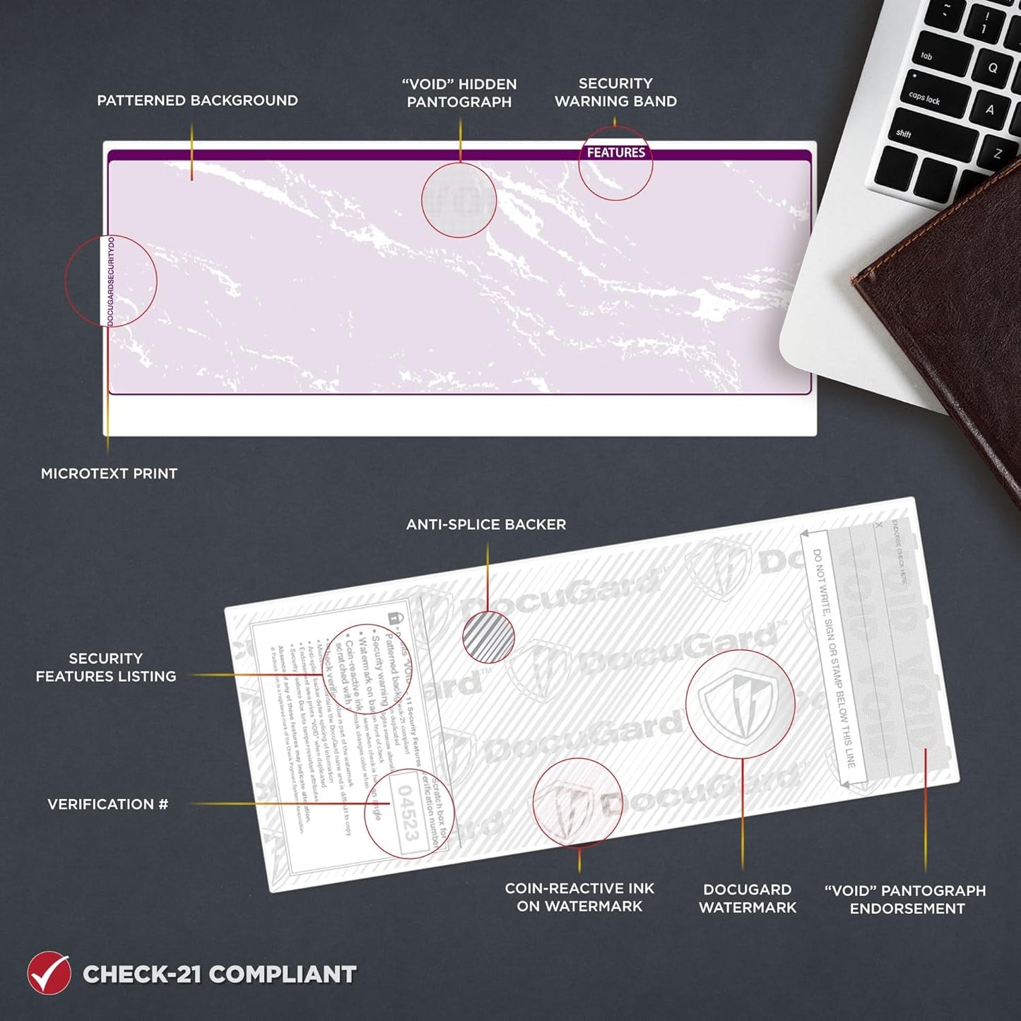 DocuGard Standard Purple Marble Bottom High Security Check Paper - QuickBooks & Laser/Inkjet Printer Compatible - 11 Security Features - 500 Blank Business Checks (04523)