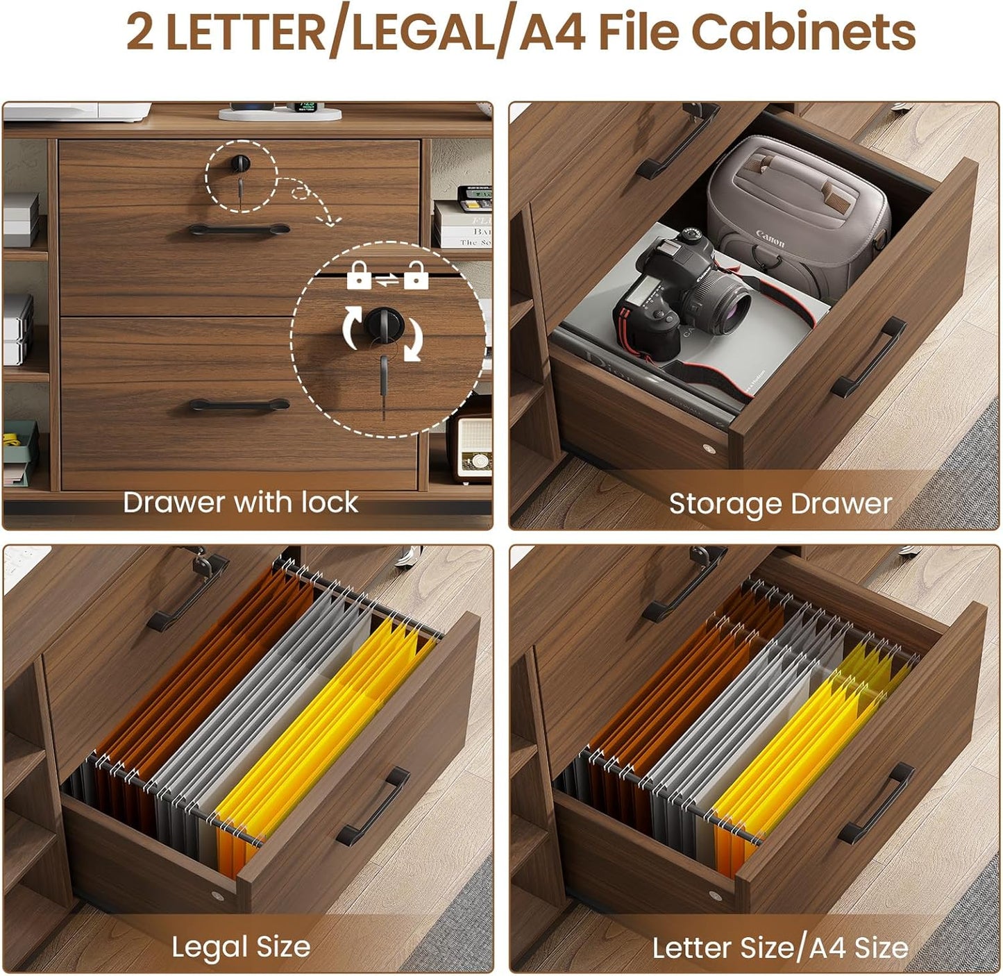 SEDETA 44" File Cabinet, Filing Cabinet fits Legal/Letter Size, 2 Drawer File Cabinets for Home Office with Lock, Power Strip, 6 Storage Shelves, Walnut Brown