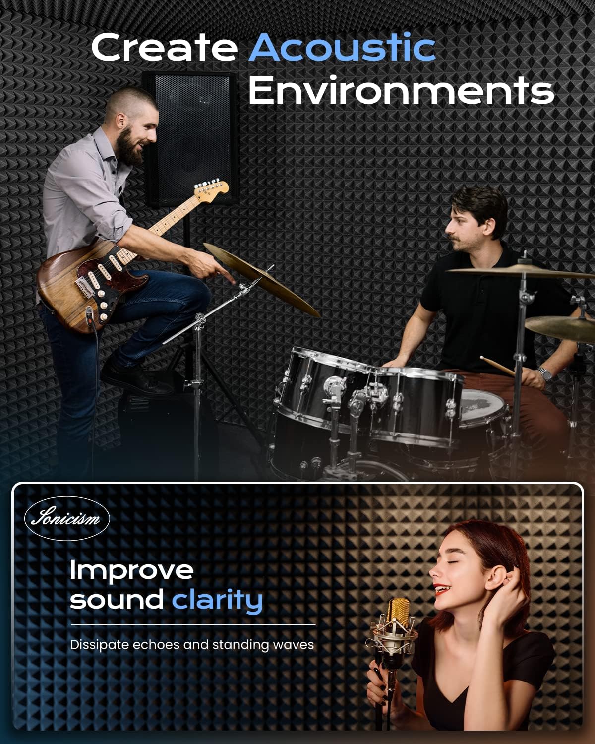 Sonicism Sound Proof Foam Panels for Walls Self-Adhesive Pyramid 48 Pack,2"X12"X12" Acoustic Panels,High Density Soundproof Wall Panels Fast Expand,Sound Absorption and Decoration,Black