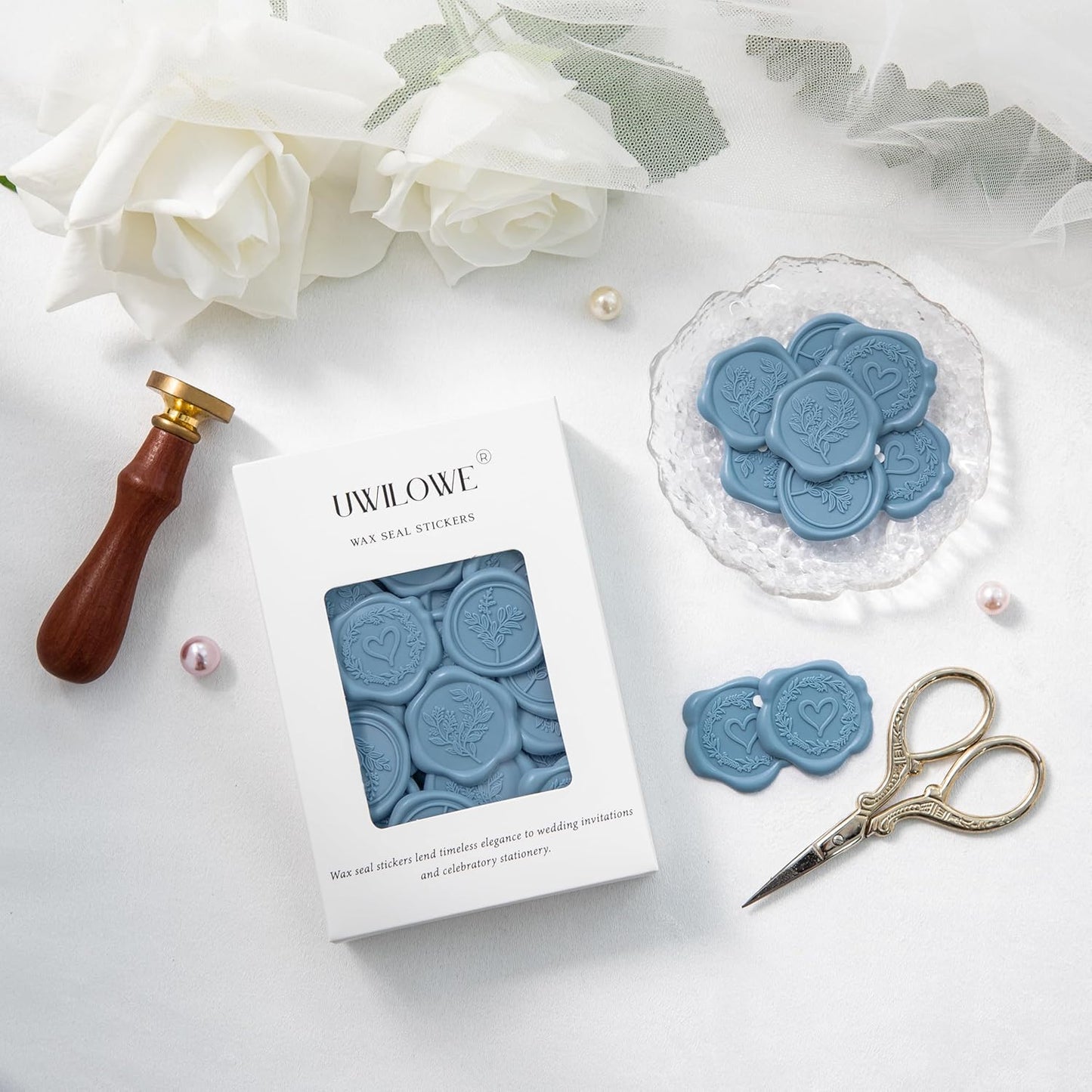 60 Pcs Dusty Blue Wax Seal Stickers Self-Adhesive Envelope Seals Stamp Stickers, Perfect for Wedding Invitations Seating Chart Christmas Gift Wrapping 3 Designs in 1 Pack