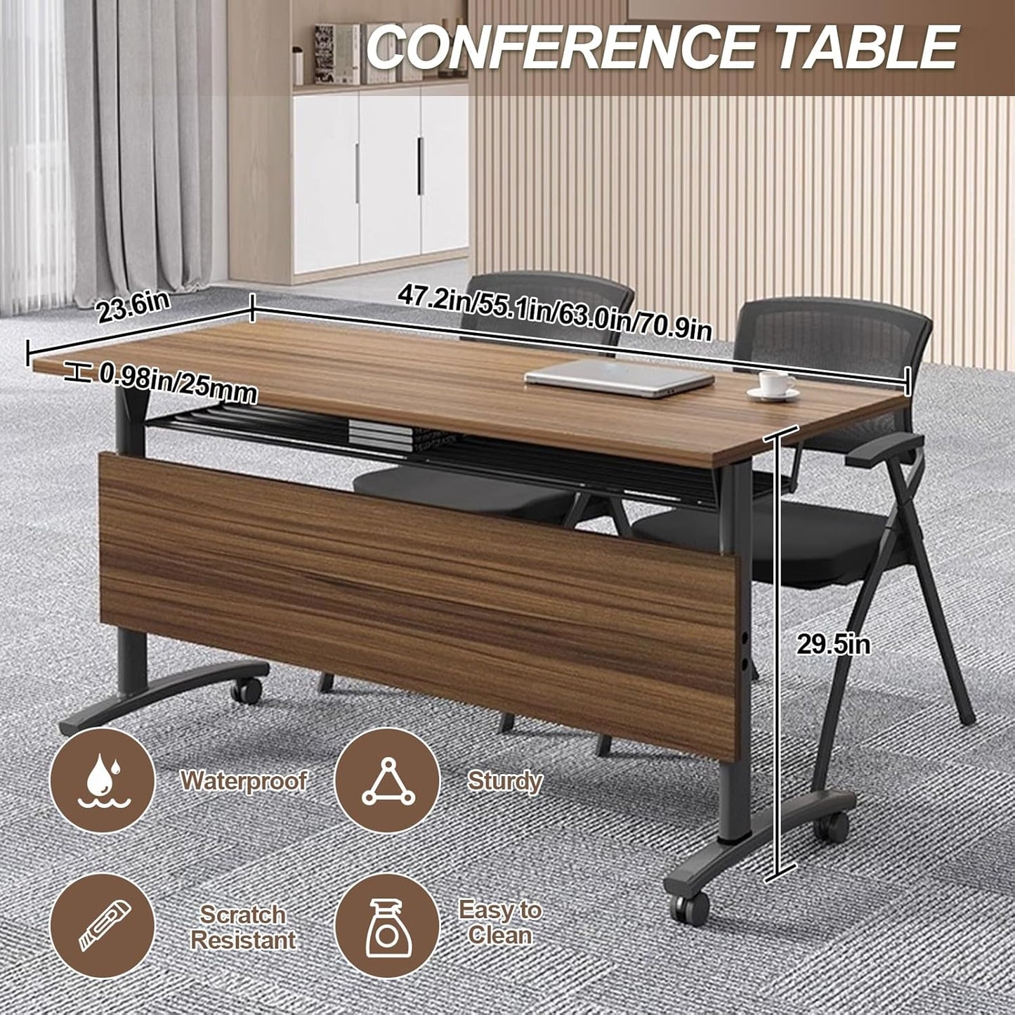 Folding Conference Room Table, Modern Conference Tables with Wheels, Large Rectangular Mobile Training Tables for Office Classroom, Foldable Modular Boardroom Seminar Table Walnut (8pack L47.2in)