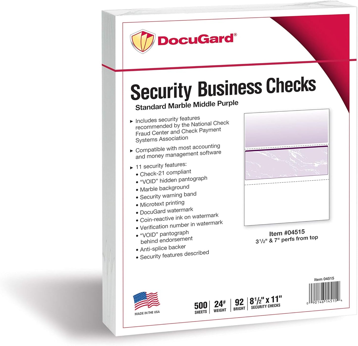 DocuGard Standard Purple Marble Middle High Security Check Paper - Laser/Inkjet Printer Compatible - 11 Security Features - 500 Blank Business Checks (04515)