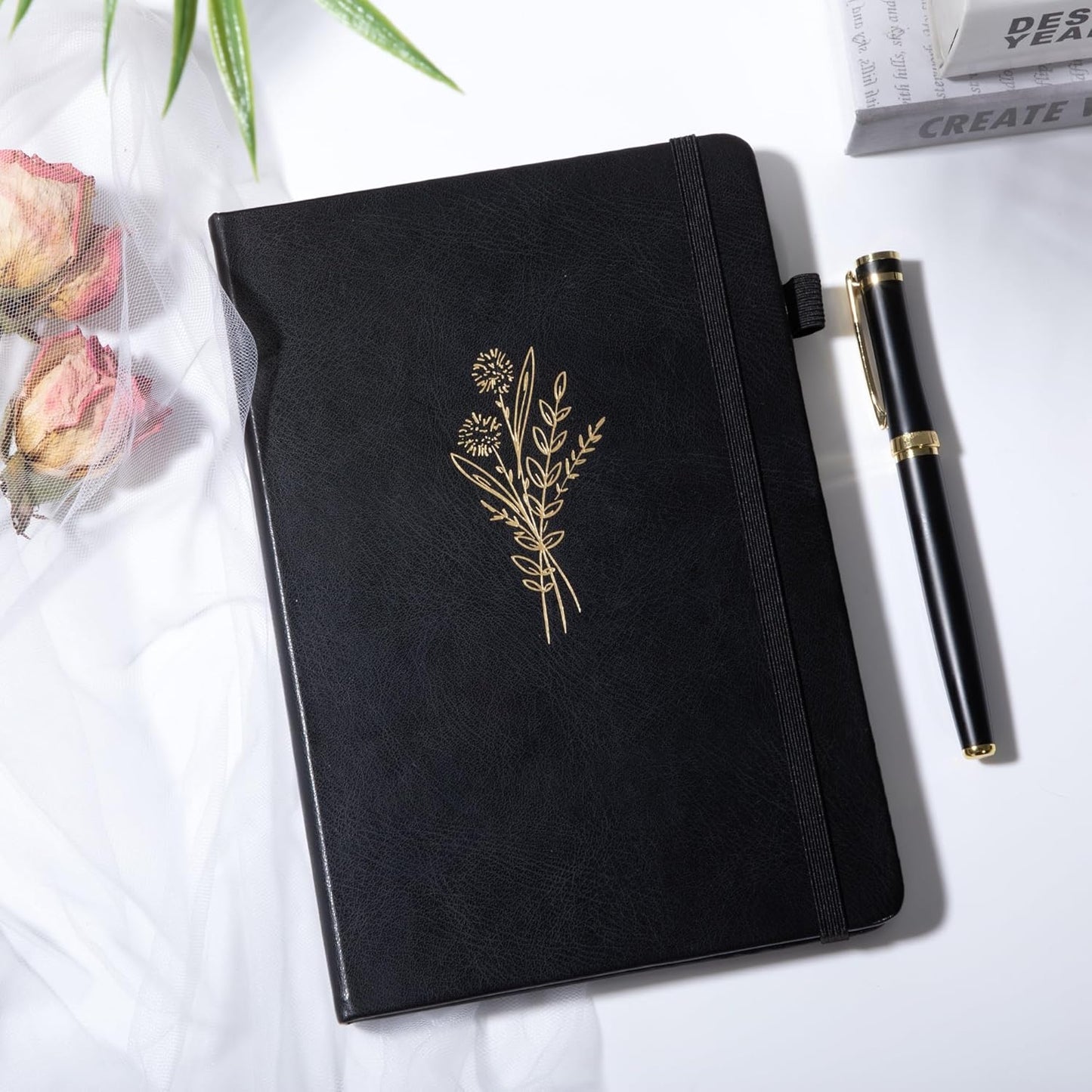 Lined Journal Notebook for Women Cute Leather Journals for Writing Aesthetic Floral Diary 192 Pages A5 Hardcover Journaling Notebooks with Pen Loop, 5.7 x 8.3 In, Black