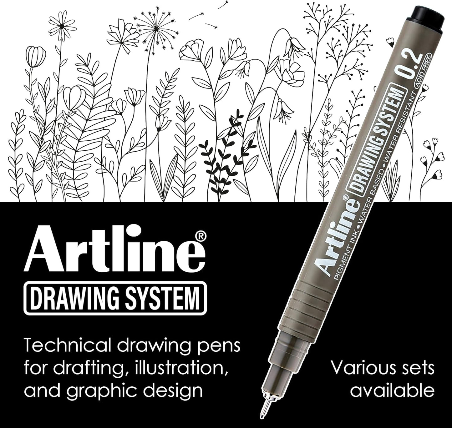 Artline 230 Drawing System Pens, Technical Drawing Pens For Drafting, Illustrating, and More, 0.2mm, 0.4mm, 0.6mm, and 0.8mm Fine Tips - Black, 4-Pack