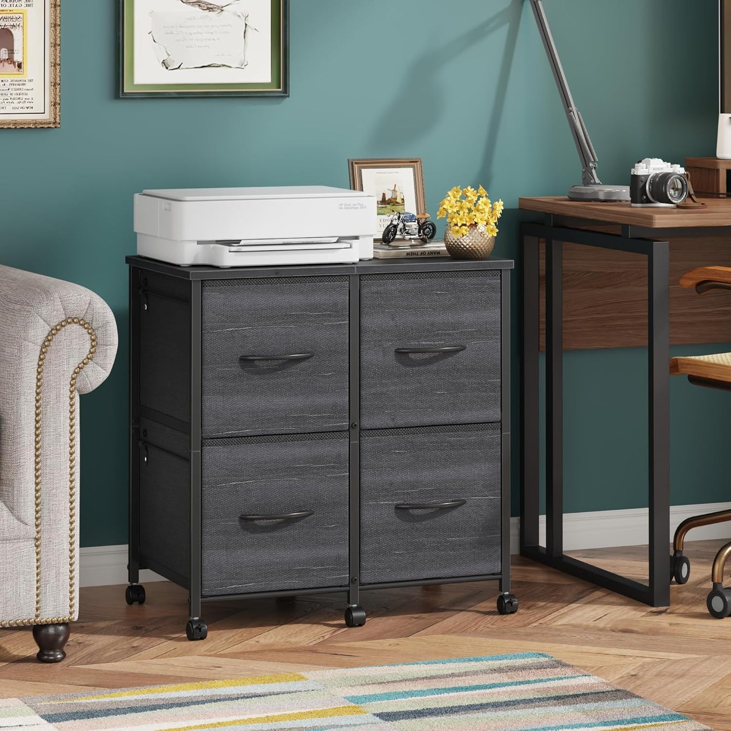 Lateral File Cabinet 4 Fabric Drawer, Mobile Filing Cabinet for Large Printer, Home Office Functional Office Storage Cabinet & Printer Stand, Fits A4/Letter Size, Charcoal Black Grain Print