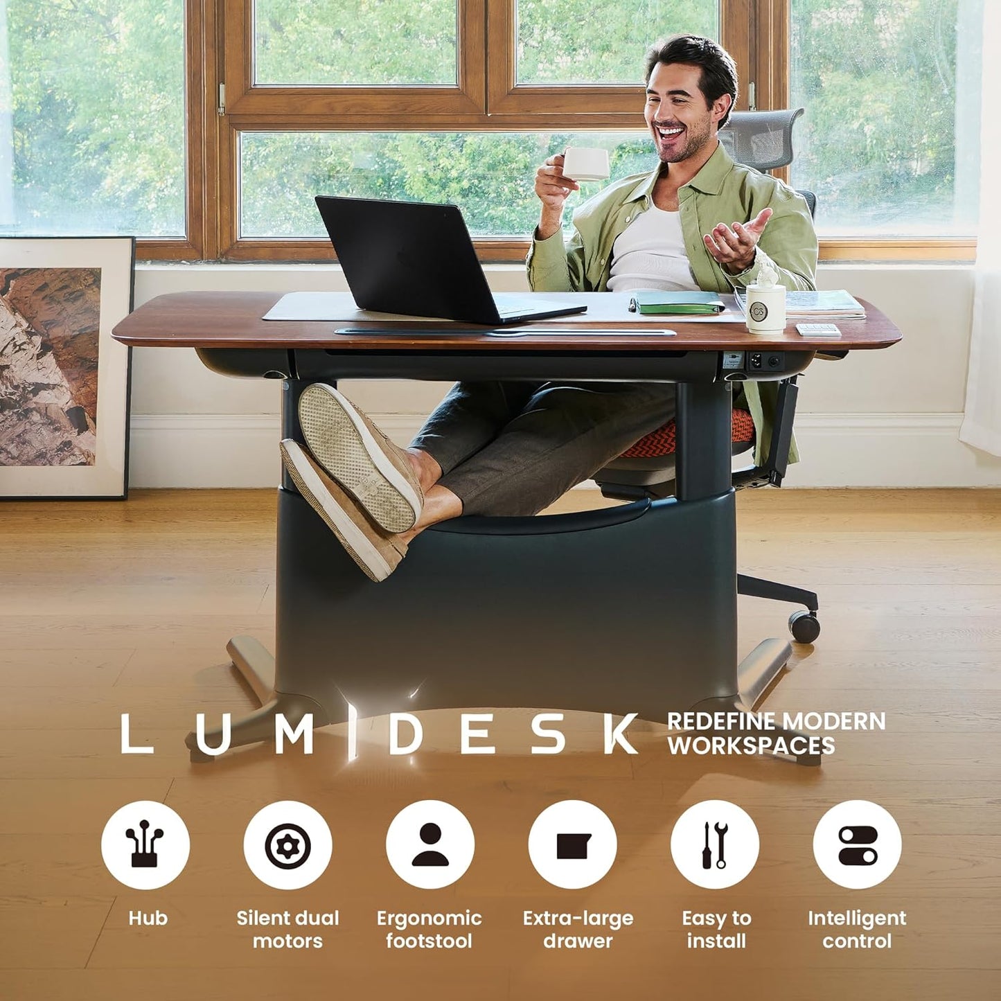 COLAMY Electric Standing Desk, Whole-Piece Gaming Desk with Dual Motors, Ergonomic Footrest, Drawers for Storage, Adjustable Height Sit-Stand Desk for Home Office (MFC Desktop, Walnut + White)