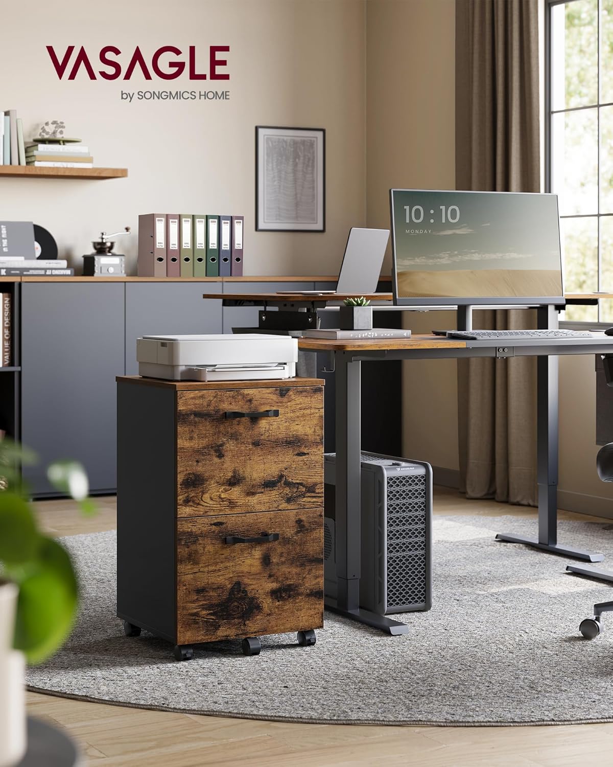 VASAGLE 2-Drawer File Cabinet, Small Rolling Filing Cabinet for Home Office, Printer Stand, for A4, Letter-Size Documents, 15.7 x 16.5 x 27.6 Inches, Rustic Brown and Ink Black UOFC040B01
