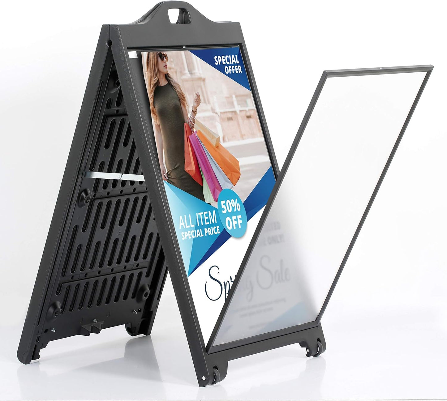 M&T Displays Street SignPro with Lens Protective Cover, 24x36 Inch Poster Black Double Sided Sandwich Board Folding A-Frame Sidewalk Curb Sign Portable Advertising Display for Restaurant Cafe
