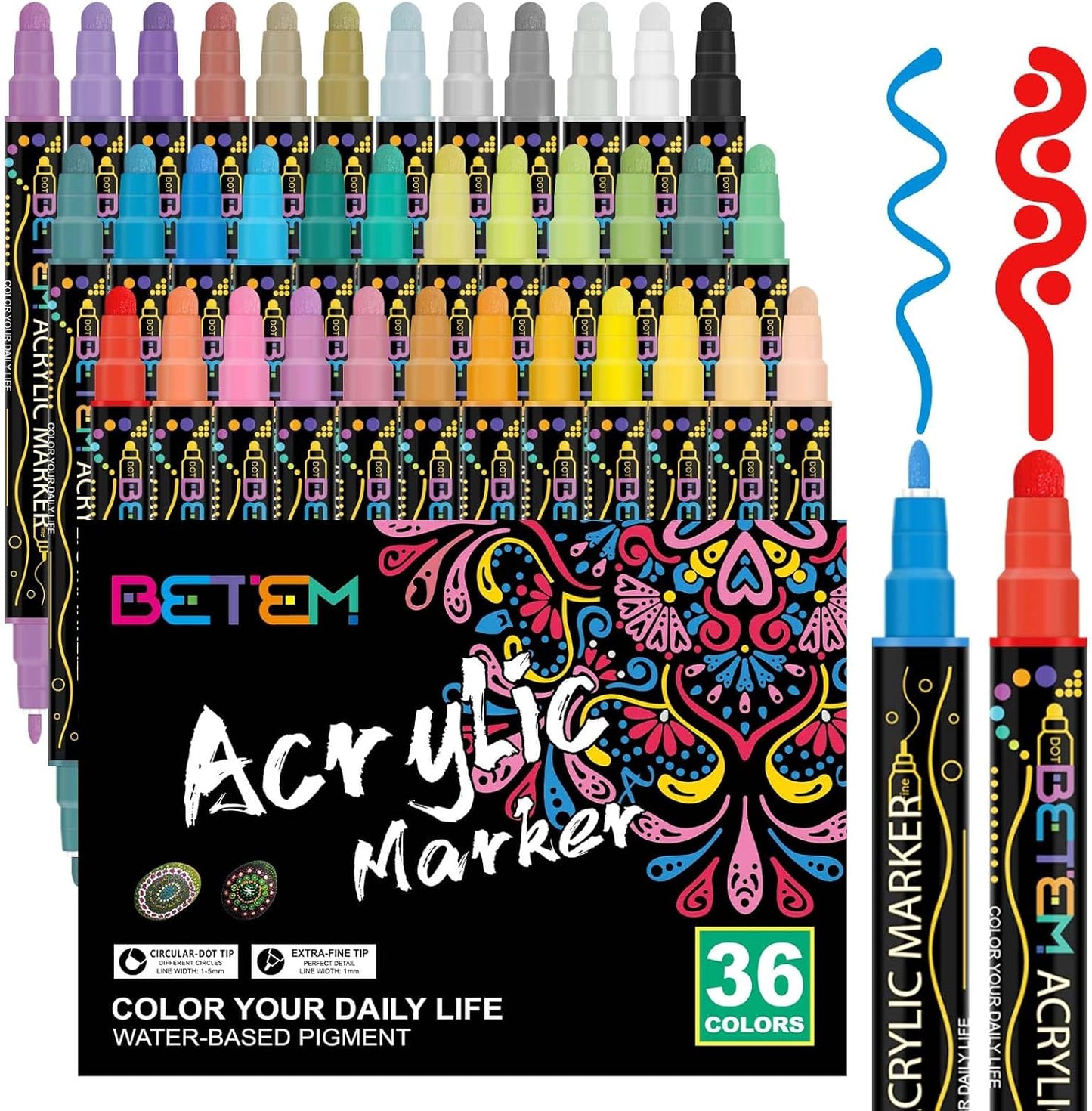 Betem 36 Colors Dual Tip Acrylic Paint Pens Markers, Premium Acrylic Paint Pens for Wood, Canvas, Stone, Rock Painting, Glass, Ceramic Surfaces, DIY Crafts Making Art Supplies