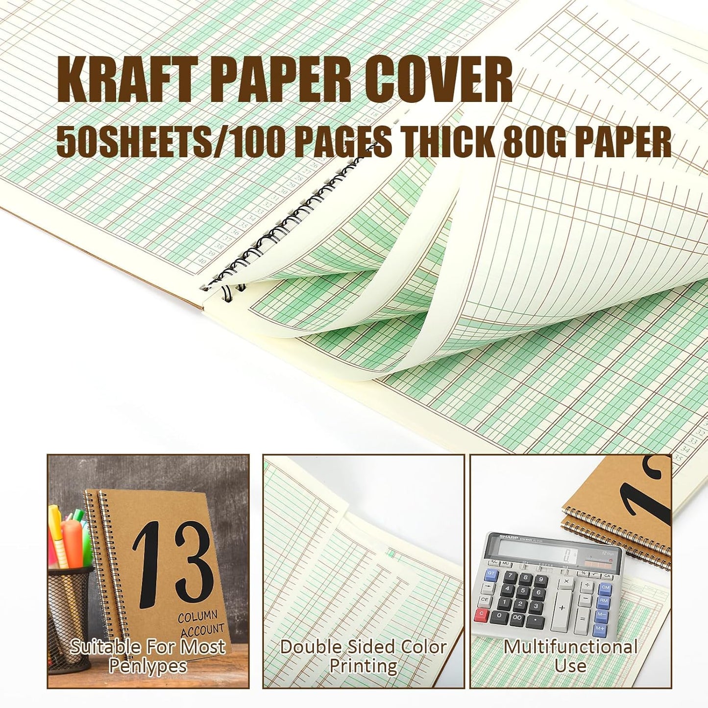 2 Pcs 13 Column Ledger Book 8.5 * 11inch Account Book Notebook Columnar Pad Columnar Pad 13 Columns Premium Analysis Pad Kraft Paper Cover 100 Pages for Personal Use Small Business(50 Sheet)