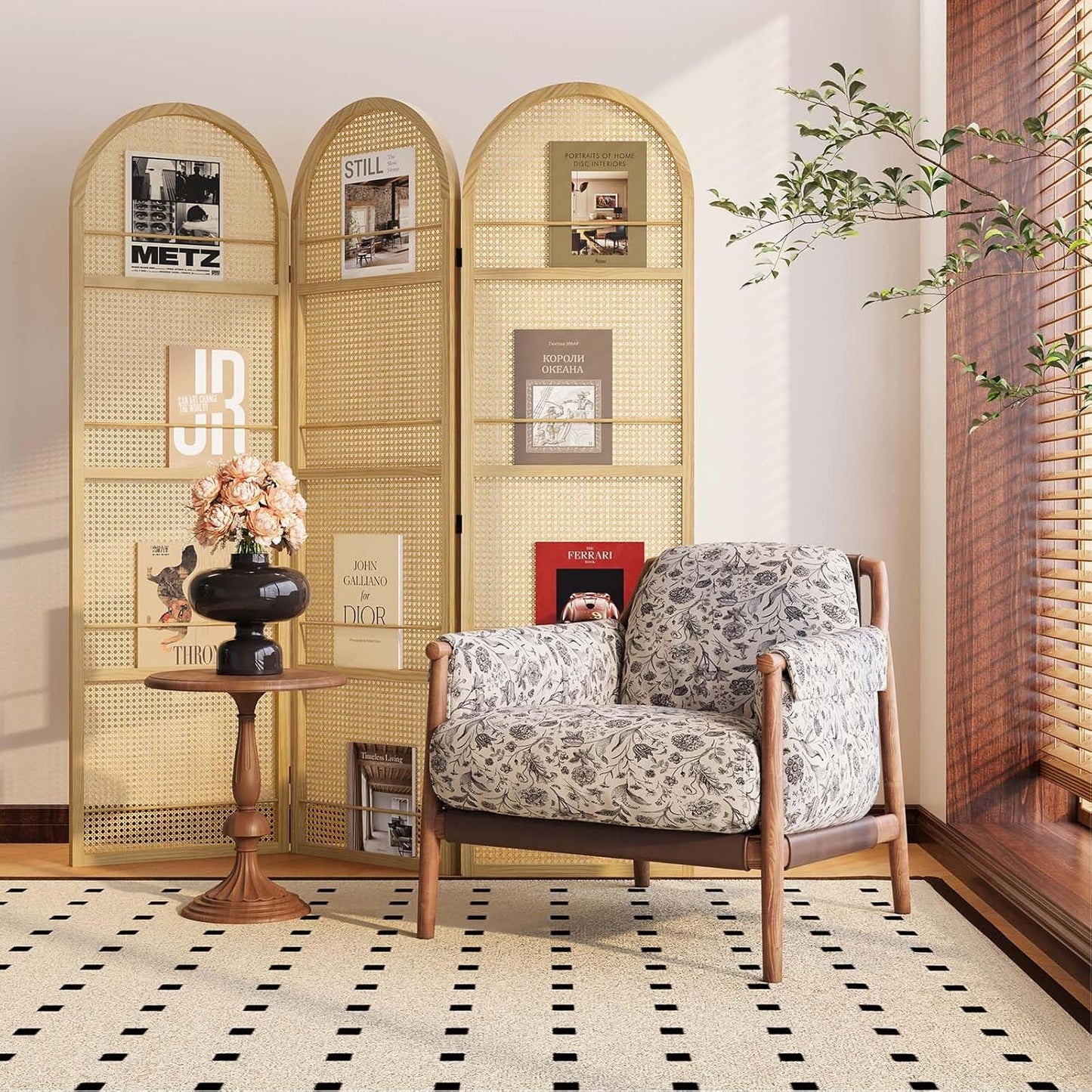 Rattan Room Divider with Built-in Bookshelf | Foldable Privacy Screen & Portable Partition for Home Office, Bedroom, Reading Nook | Wooden Frame, Freestanding Design (Natural-Rattan)