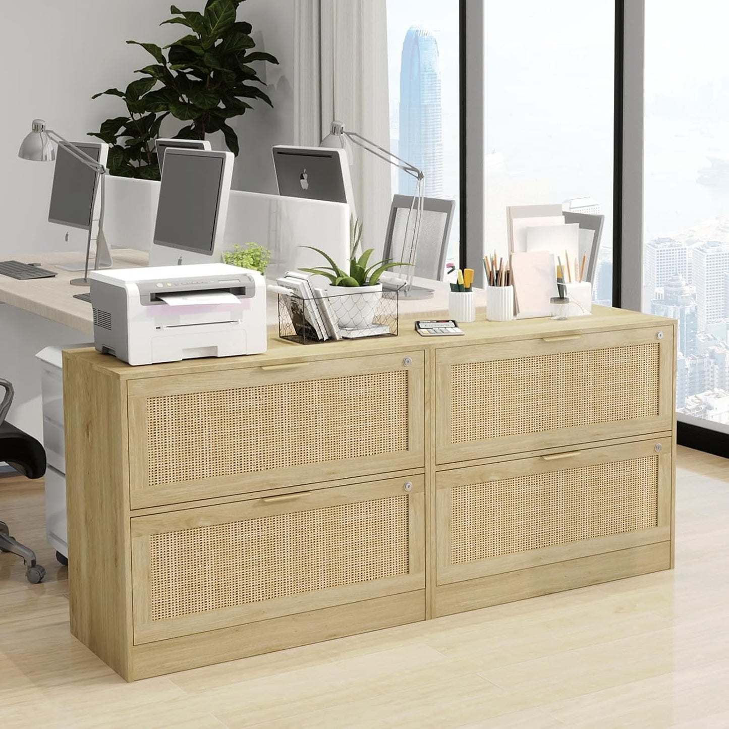HOPUBUY 2 Drawer File Cabinet with Lock, Printer Stand Lateral Filing Cabinets for Home Office and School, Wood Rattan File Cabinet for Hanging Files/Letter/Legal/A4/F4 Size, Oak