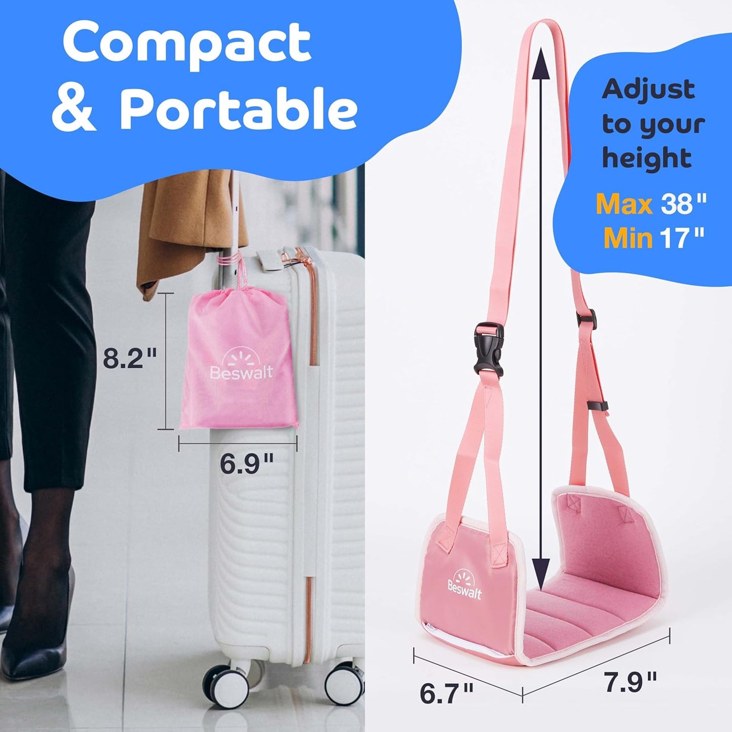 Portable Airplane Foot Hammock for Plane Travel with Memory Foam & Hardboard for No Feet or Leg Clashing - Long Flight Air Travel Essentials to Relax Feet Rest Flying Overseas by Beswalt (Pink)