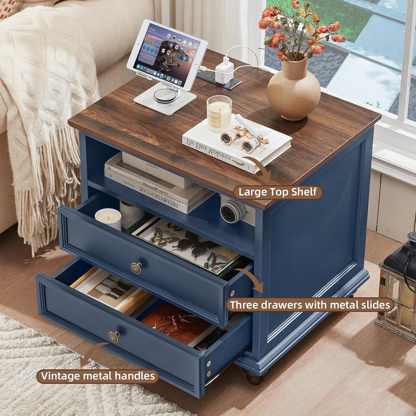 24" Wide Farmhouse Nightstand with Charging Station, End Table with 2 Drawers, Blue Wood Dresser for Bedroom Cabinet, Bed Side Table Chest of Drawers, Night Stand for Living Room, Closet