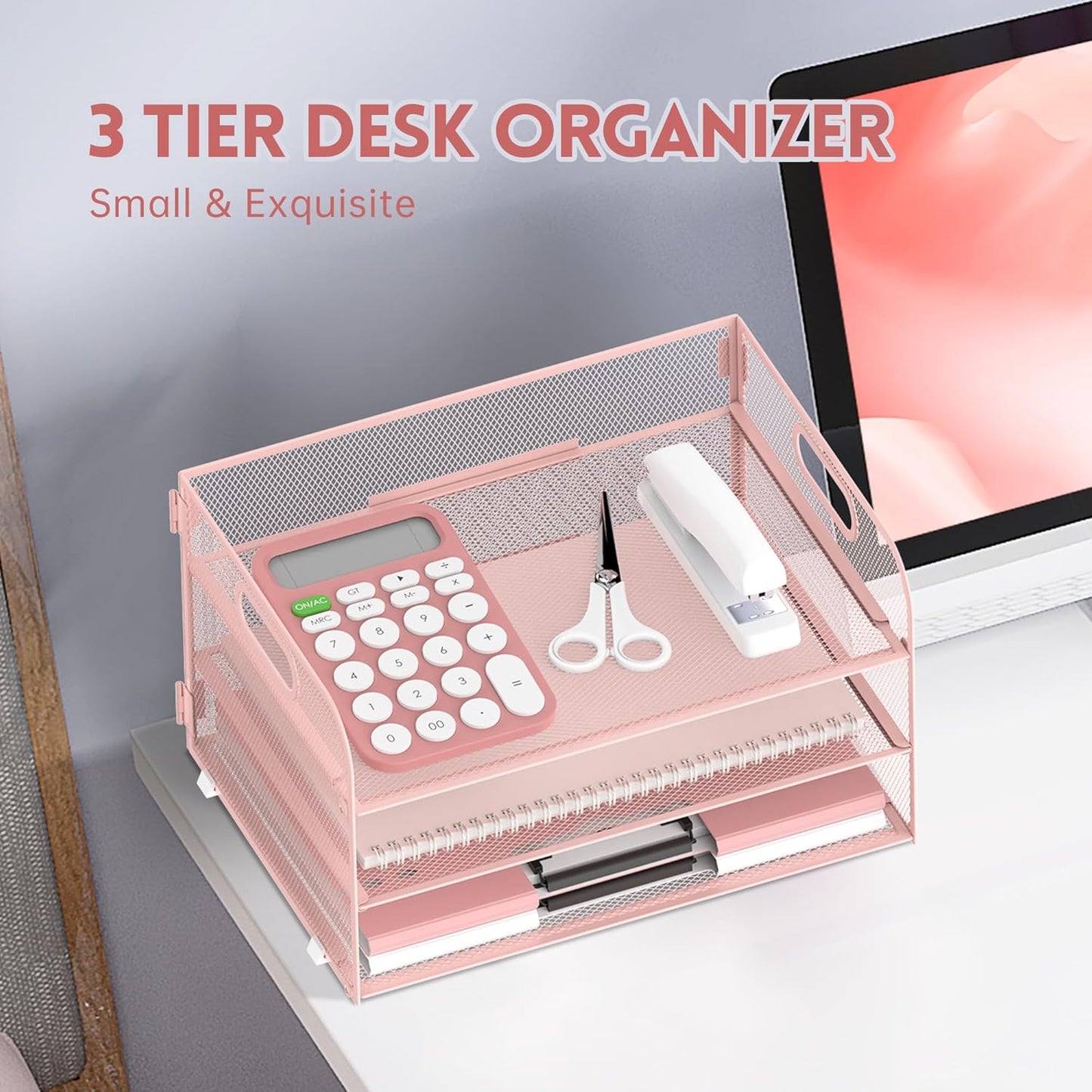 SUPEASY 3 Tier Paper Organizer with Handle, Mesh Desk Organizer Letter Tray, A4 File Folder Paper Tray, Pink