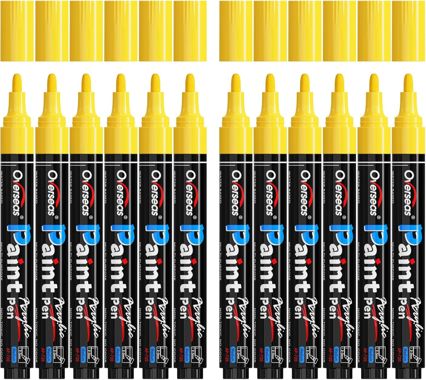 Overseas Yellow Paint Pens Paint Markers - Permanent Acrylic Markers 12 Pack, Water-Based, Quick Dry, Waterproof Marker Pen for Rock, Wood, Plastic, Metal, Canvas, Glass, Mugs. Medium Tip