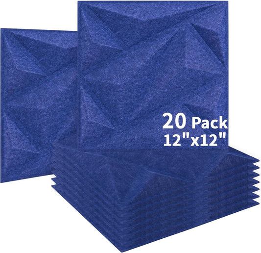 Art3dwallpanels Acoustic Panels 20 Pack Soundproof Wall Panels Sound Dampening Panels, 3D Wall Panels Sound Absorbing Panels, 12" X 12", Blue with Tape