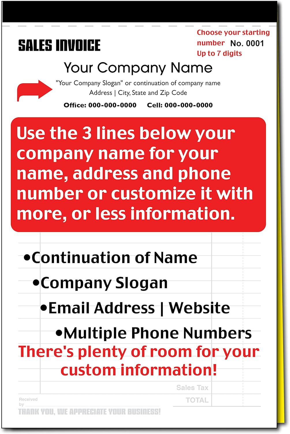 Custom Sales Invoice Personalized Duplicate Carbonless Form with Your Company Name - 2 Books (100 Sets) Numbered