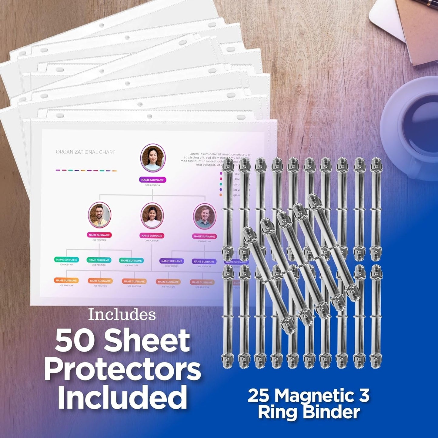 Magnetic Ring Binder Locking Mechanism, 1" D Shaped Rings, 25 Pack - for Hanging 8.5" x 11" Sheets, 225 Sheet Capacity, 50 Protectors Included