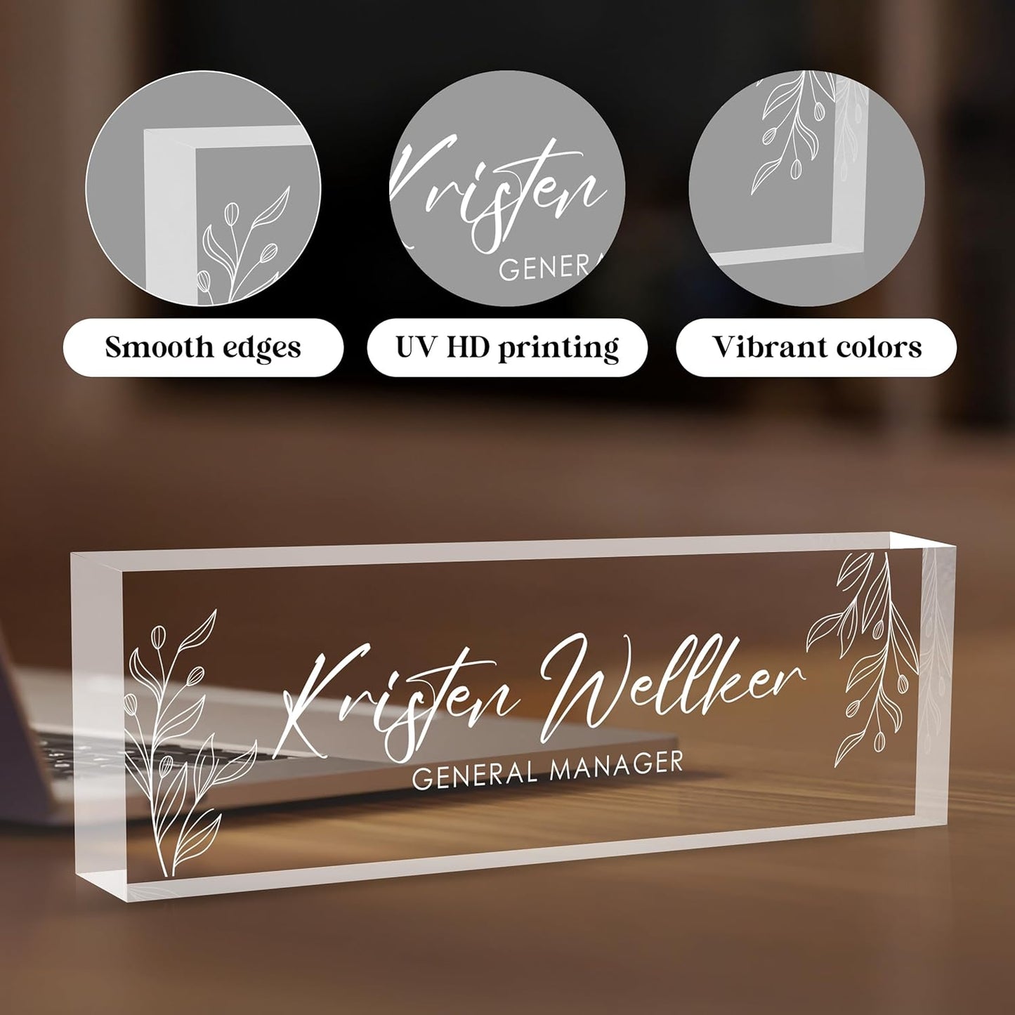 Custom Office Name Plate for Desk, Desk Name Plate Personalized, Personalized Gifts for Women, Appreciation Gifts for Employee Coworkers Boss Teacher, Office Accessories (Engrave Leaves)