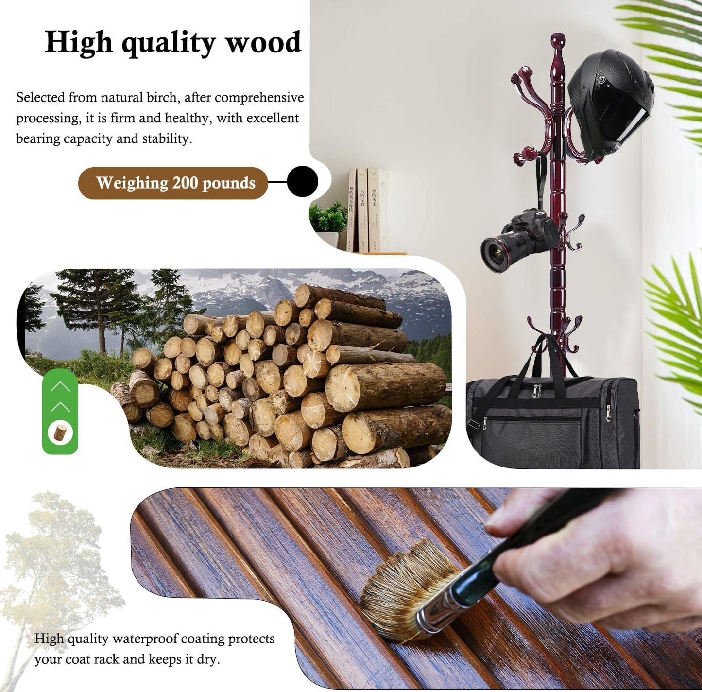 Coat Rack Stand, Solid Wooden Coat Tree with 14 Hooks, Heavy Duty Coat Rack Freestanding with Sturdy Round Base, Natural Birch Wood Coat Hanger Stand for Entryway Bedroom (Ruyi)