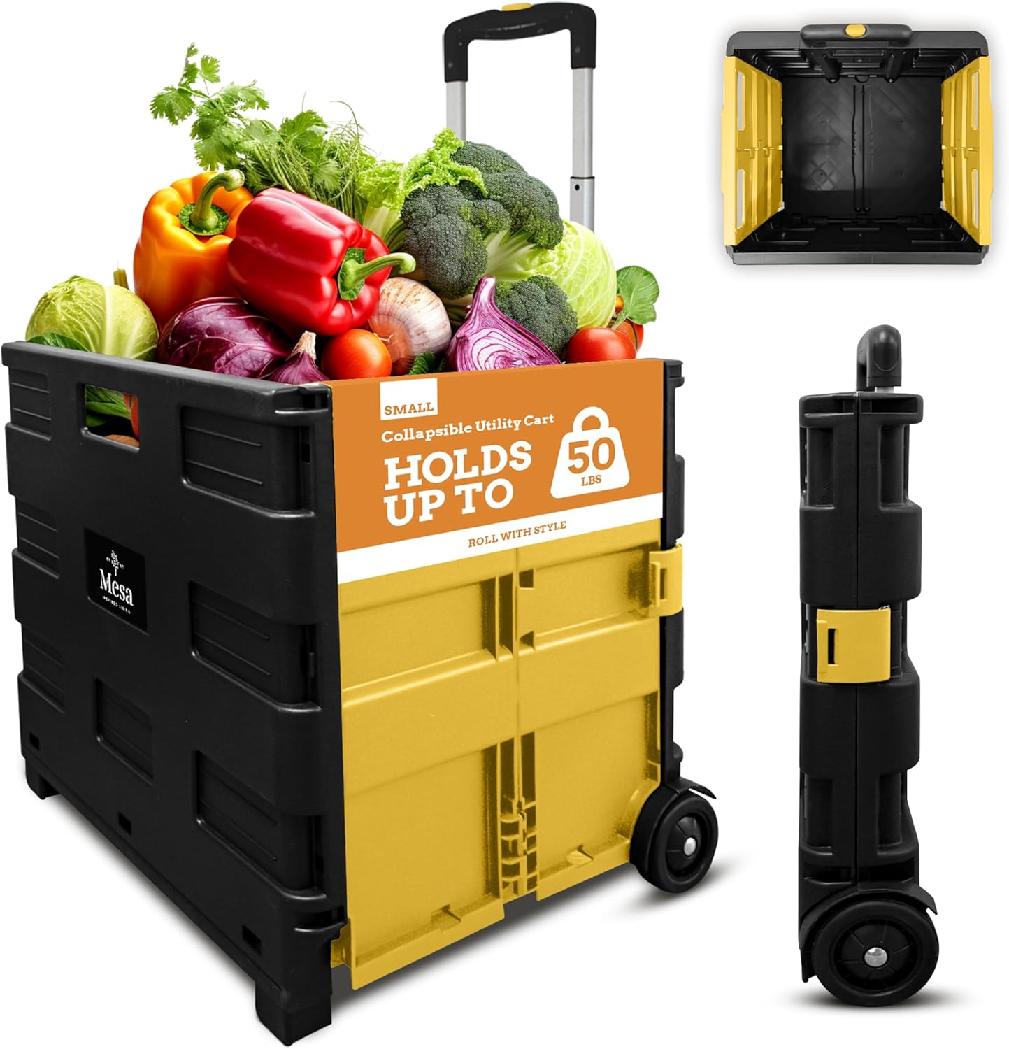 Inspired Living Ultra-Slim Rolling Collapsible Storage Pack-N-Roll Utility-carts, with Telescopic Handle, for Home, Garden, Shopping, Office, School use, Medium, Yellow & Black