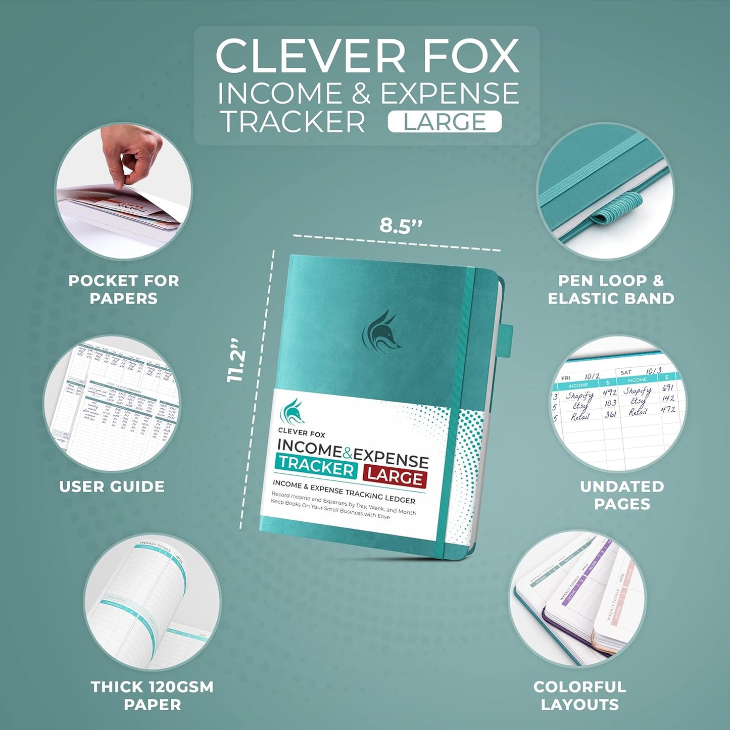 Clever Fox Income & Expense Tracker Large – Accounting & Bookkeeping Ledger Book for Small Business – 2-Year Record Notebook, A4 (Turquoise)