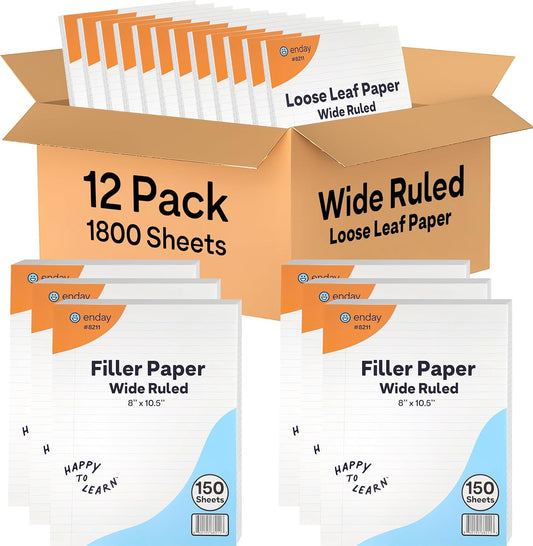 Loose Leaf Paper Bulk, 1800 Sheets, Wide Ruled, (12 Pack) 150 Sheets Per Pack, 8" x 10.5" White Filler Paper, 3 Hole Punched Binder Paper for 3 Ring Binders, Notebook Paper - By Enday