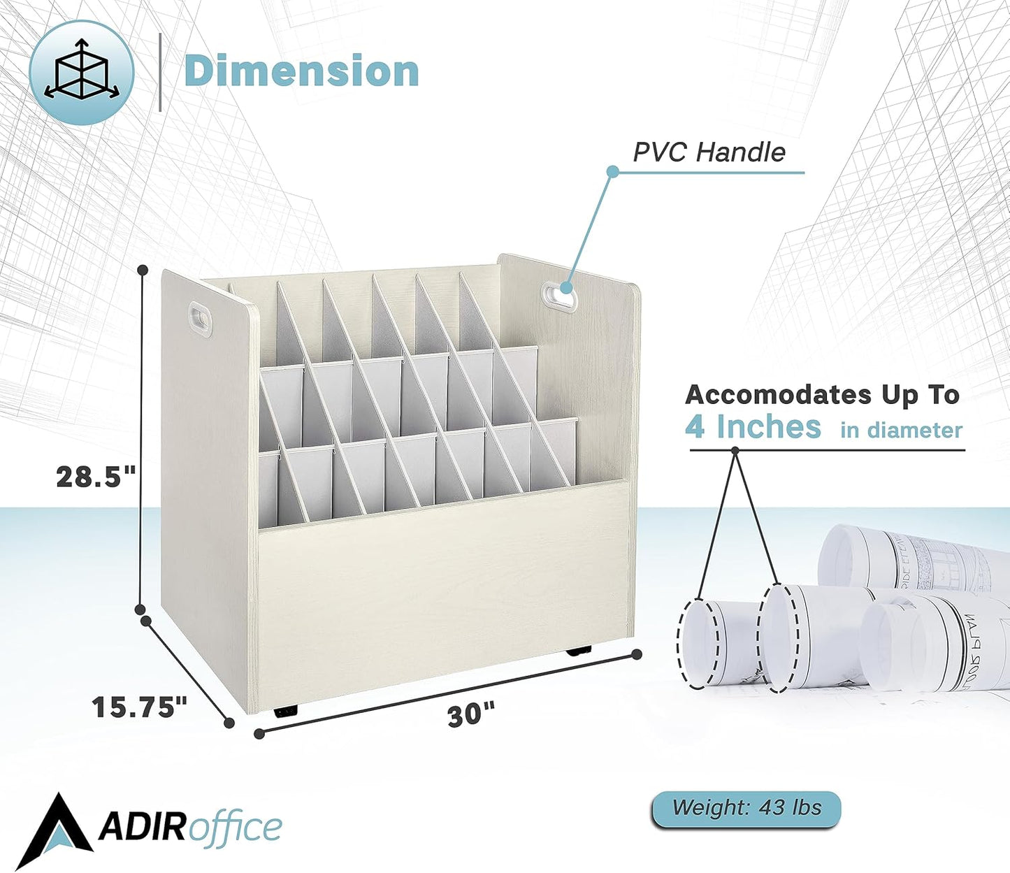 Adir Blue Print Storage Organizer - Mobile Roll File Cart, Construction Plan Holders, Blueprint Cabinet with Wheels, Roll Files Storage for Office and Home (21 Slots, White)