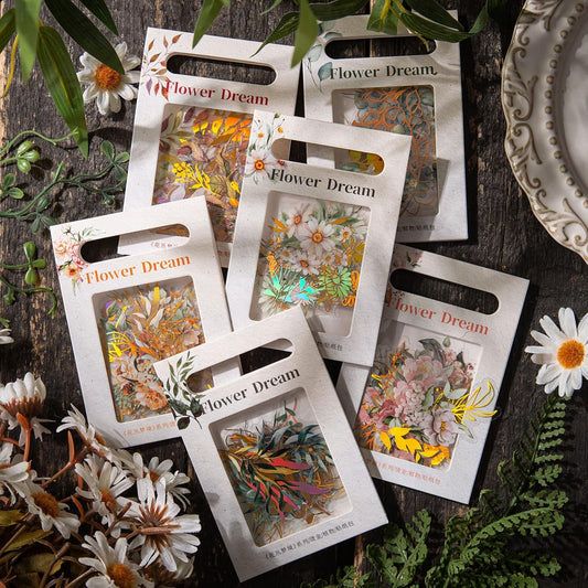 Dizdkizd Holographic Flower and Leaf Sticker Set, 240 Foil Gold Botanical Scrapbook Sticker Small Transparent Floral Decals for Journal, Planner, Photo Album, Card