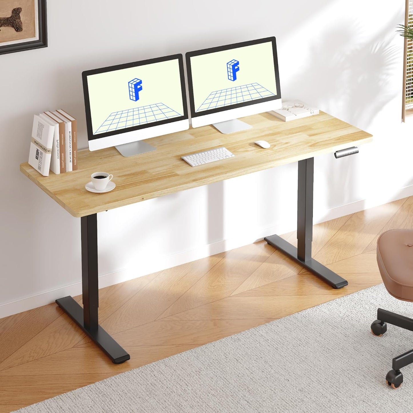 FLEXISPOT E3 Solid Wood Dual Motor Standing Desk 48x24 Inch Whole-Piece Board Electric Height Adjustable Stand Up Desk (Black Frame + Rubber Wood Desktop)