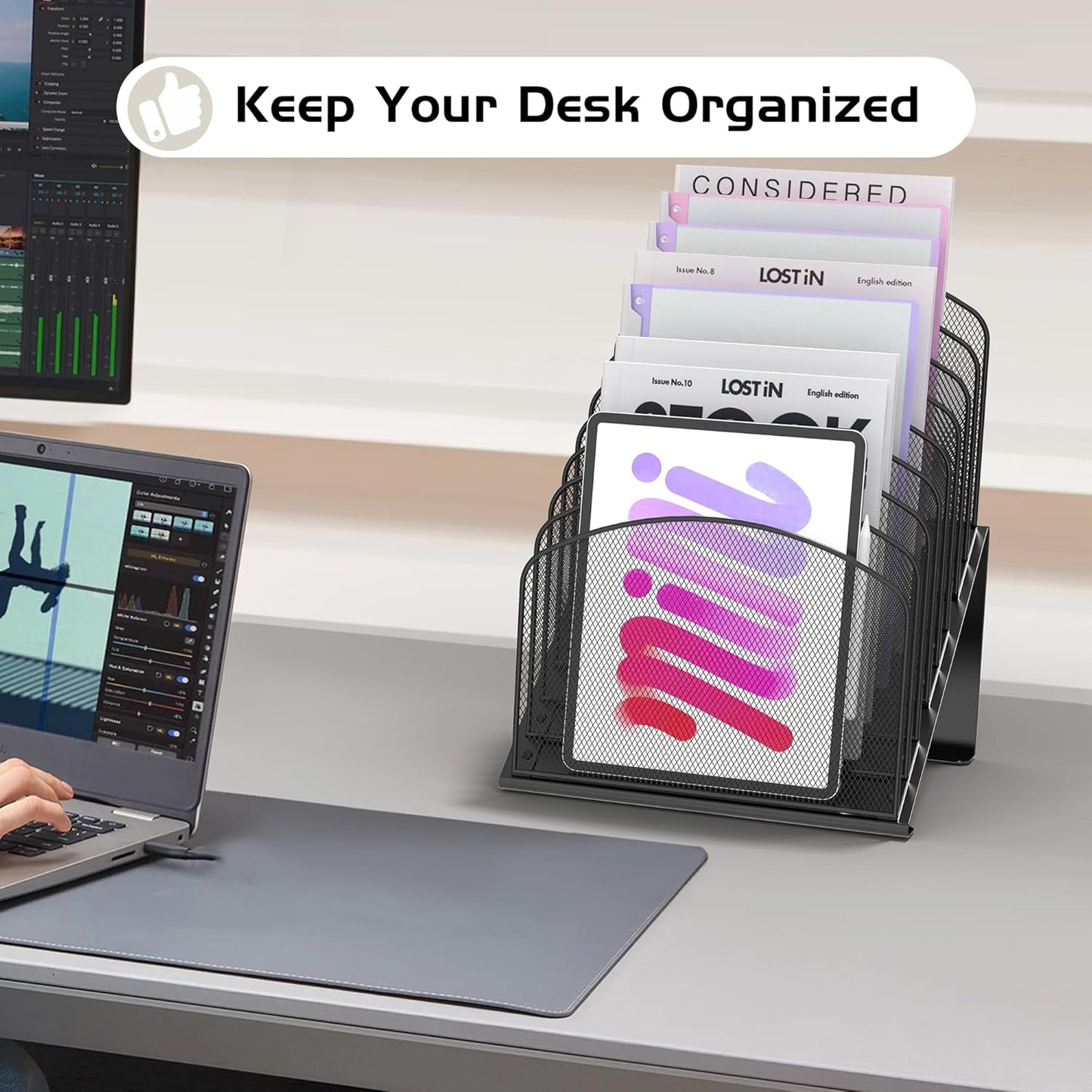 Inclined Desk File Organizer Metal Desk Magazine Folder Holder with 8-Section Vertical Compartments Rack File Organizer for Office, Home, School, Black