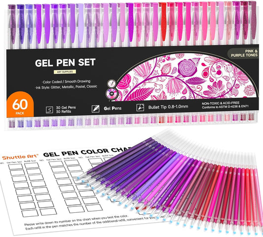 Shuttle Art 60 Pack Tone , Pink Purple Gel Pens with 30 Refills for Adults Coloring Books Journaling Drawing Nature, Landscapes, Animals Scenes