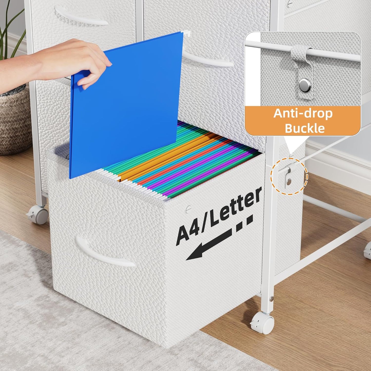 Lateral File Cabinet 4 Fabric Drawer, Mobile Filing Cabinet for Large Printer, Home Office Functional Small Office Storage Cabinet & Printer Stand, Fits A4/Letter Size, White