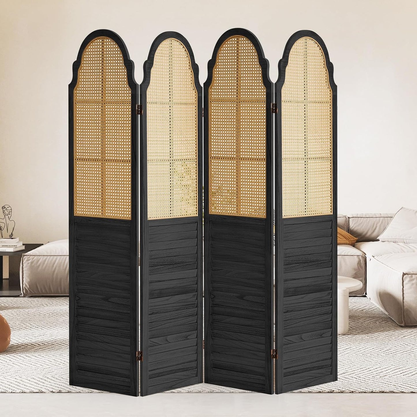 4 Panel Rattan Room Divider Panel, 5.6Ft Partitions and Dividers, Louvered Partition Divider, Room Dividers Screen, Solid Wood Frame, Folding Screen, Bedroom, Family Room, Black