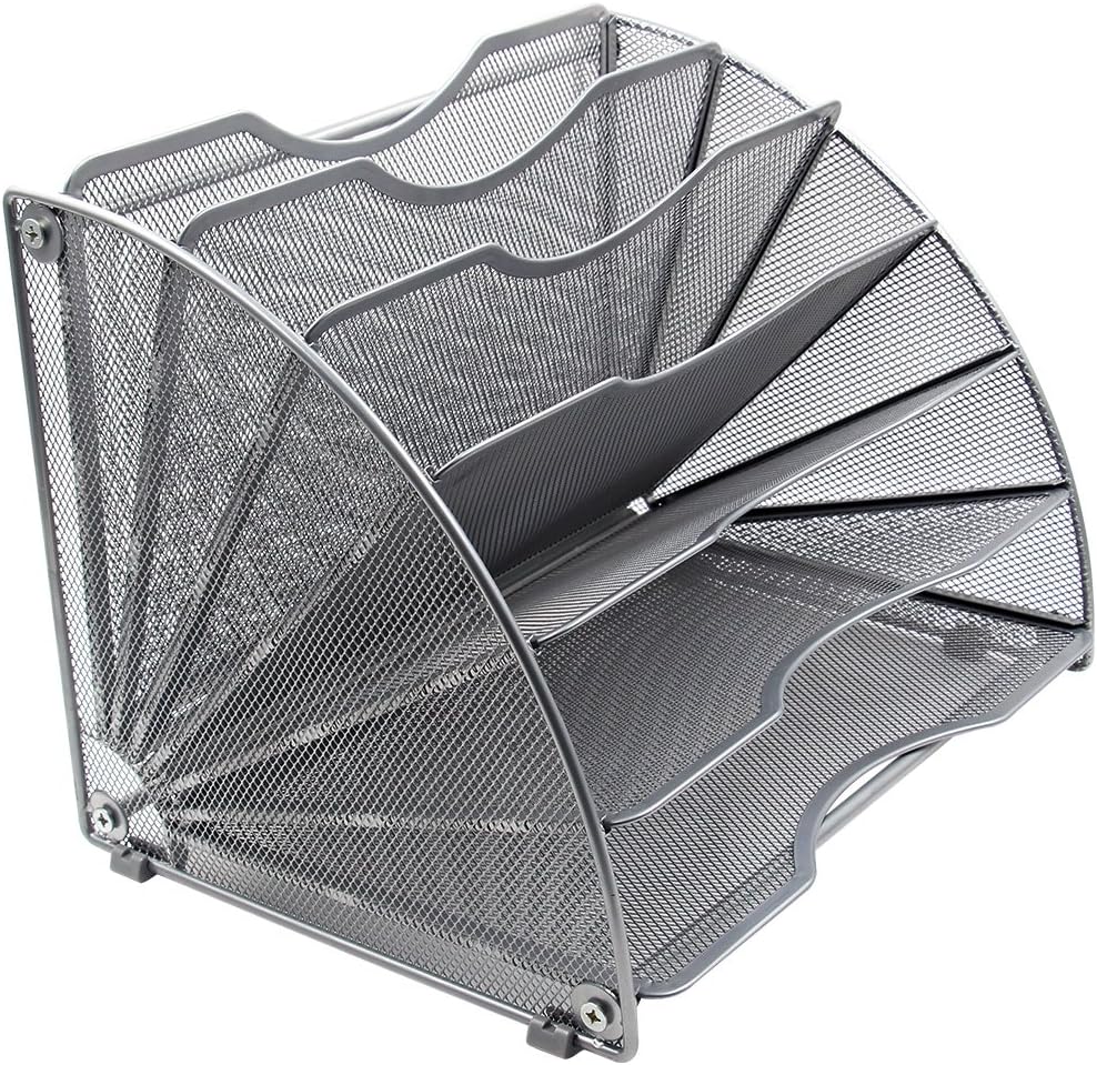 EasyPAG Desk File Organizer, 6-Section Vertical File Folder Holder Stand, Fan-Shaped Metal Rack File Sorter for Office Classroom Desktop Organization, Silver