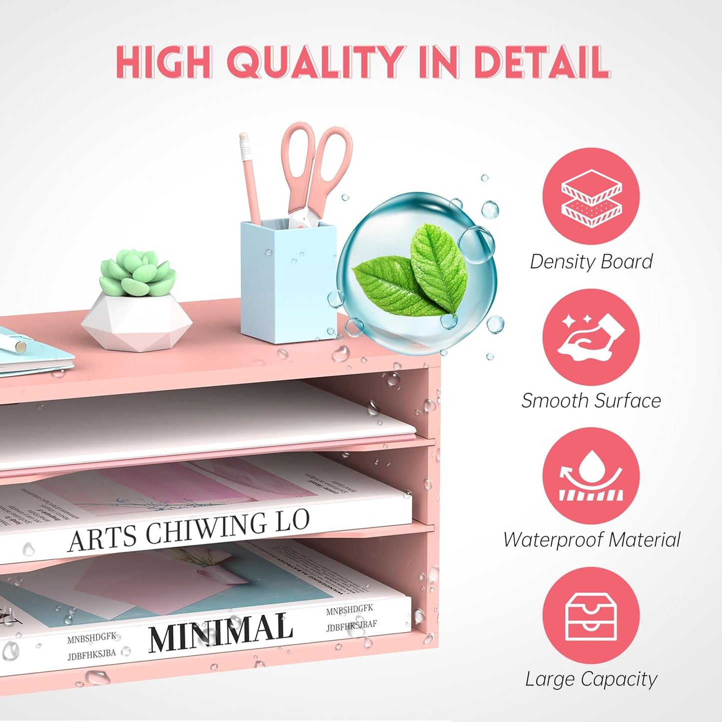 SUPEASY Wood Desk Organizer, 3 Tier Paper File Organizer for Desk, Wooden Desktop Organizer, Paper Letter Literature Mail Sorter, for Office School & Home Organization, Pink