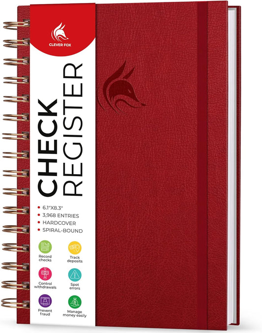 Clever Fox Check Register for Personal Checkbook – Checking Book Register – Checkbook Register – Accounting Ledger Book – 3968 Entry Lines, 6.1" x 8.3", Spiral Binding, Hardcover, Red