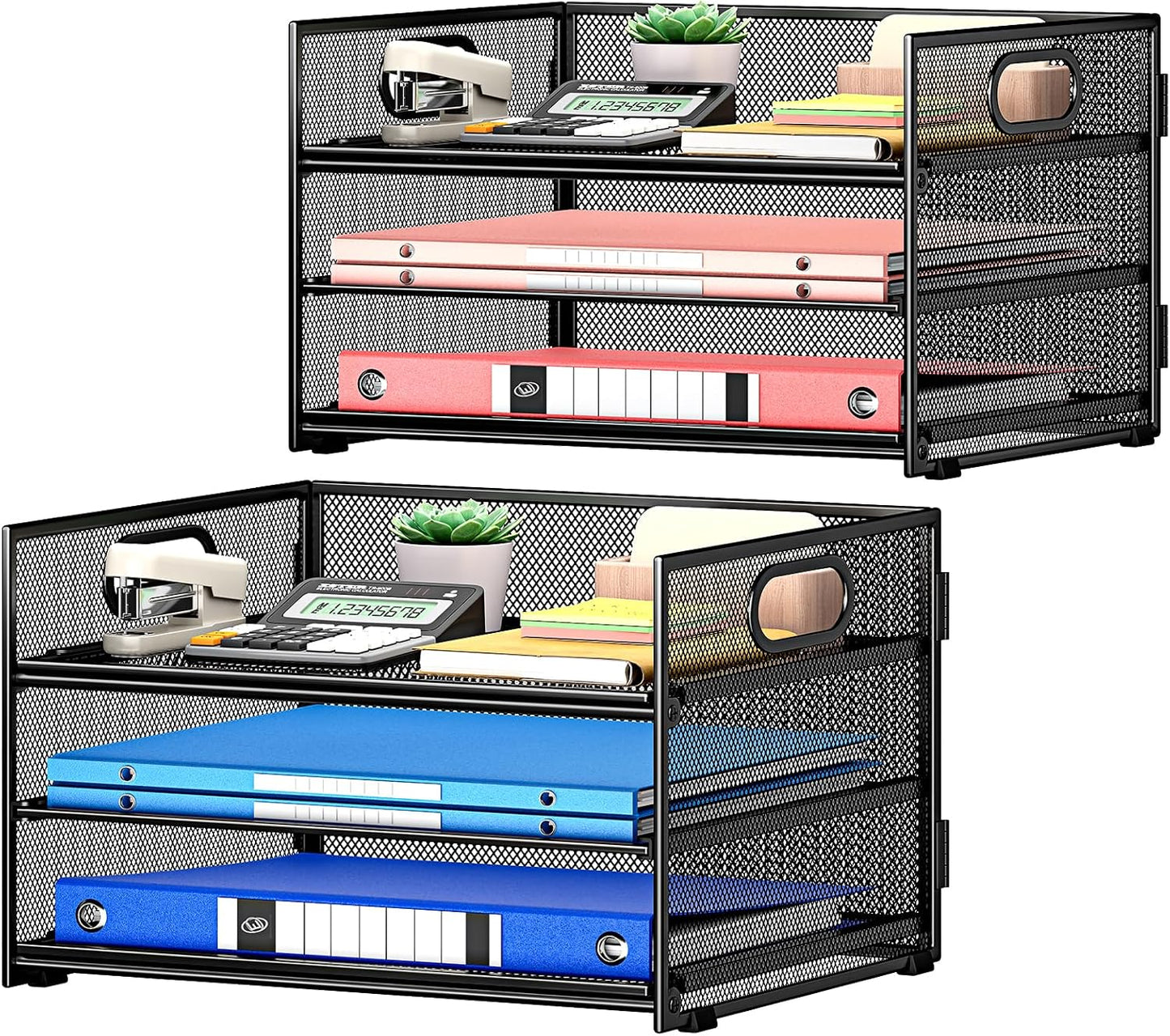 Subekyu 2-Pack 3-Tier Paper Letter Tray Organizer for Desk, Black Metal Mesh File Sorter Organizer with Handle and 1 PC Sliding Tray for Home Office School Desk Supplies Organization Storage